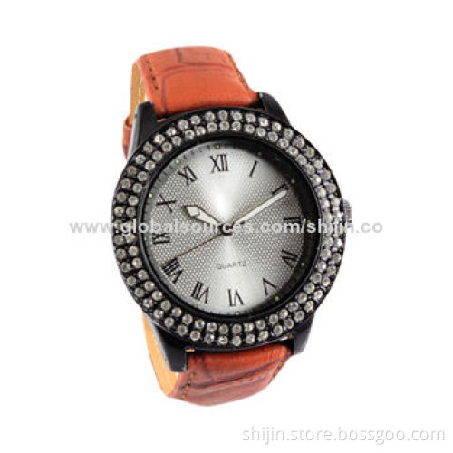 Stainless Steel Watch with Genuine Leather Band for Ladies, with Diamond, Made in China